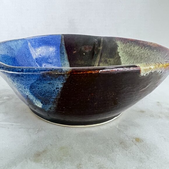 Artisan Signed Studio Pottery Bowl Abstract Wheel Thrown Multicolor Drip Glaze B - Picture 4 of 8